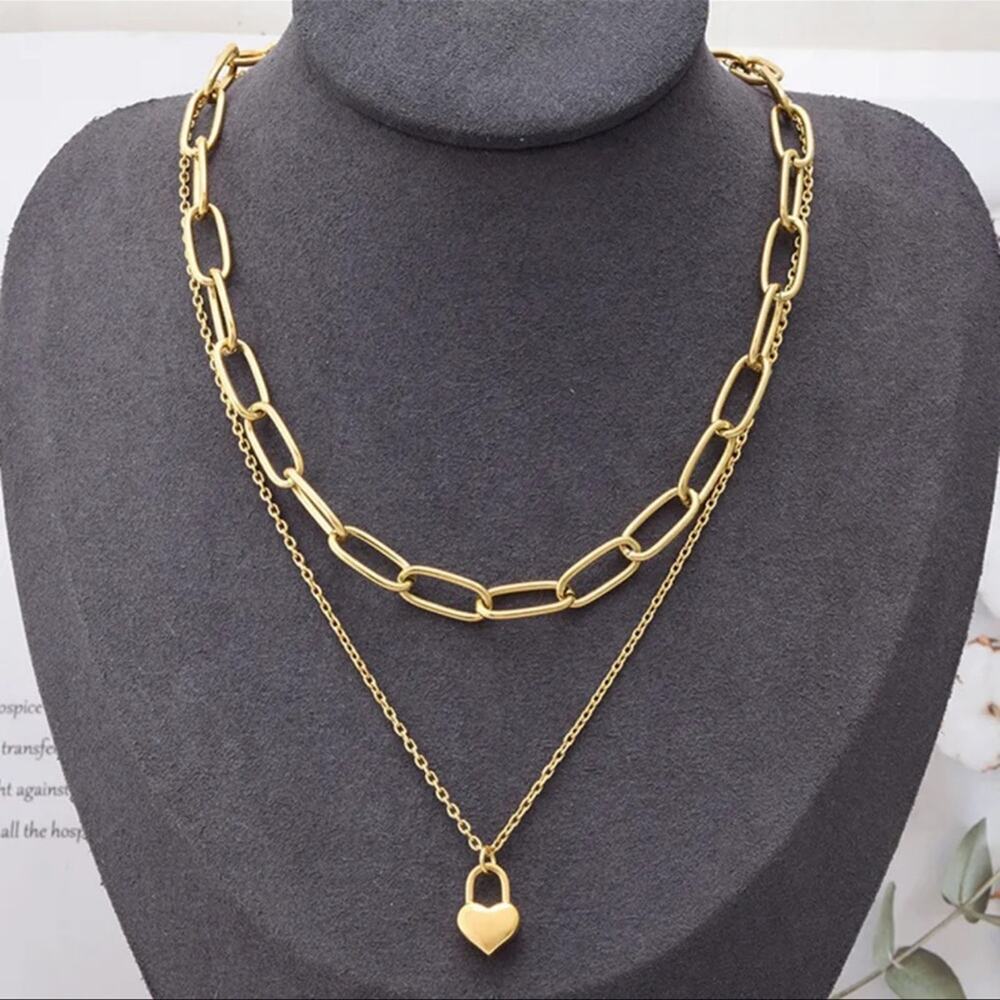 18K Gold Plated Layering Heart Lock Pendant Necklace